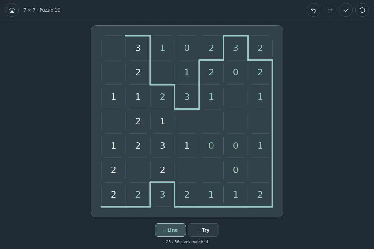 A partially drawn loop in a 7×7 Loop Craft puzzle, with numbered clues and soft teal lines on the Midnight board.